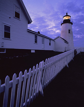 Pemaquid Point Light and Fence at Dusk, Maine